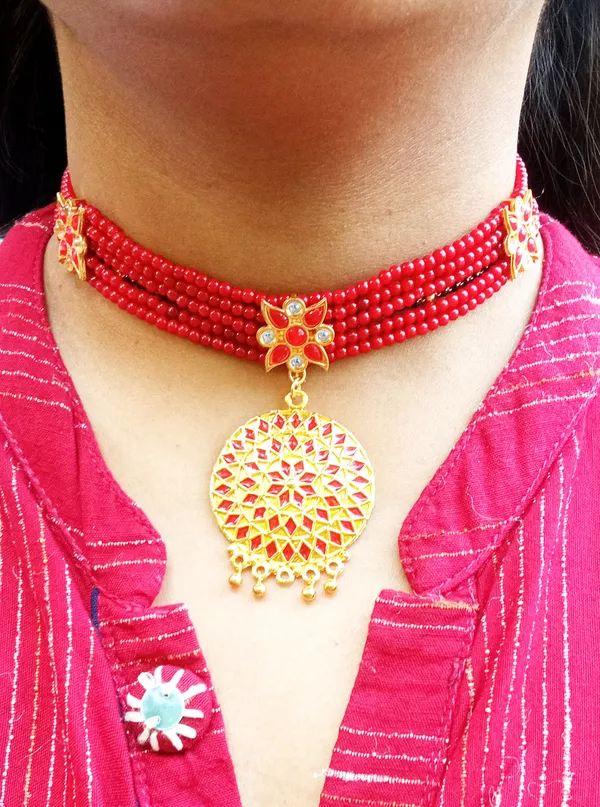 Assamese_Traditional_Gold_Plated_Red_Colour_Golpata_Necklace_Set_For_Women